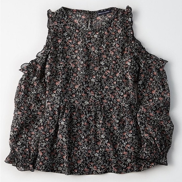 American Eagle Black Floral Ruffle-Trim Cold Shoulder Blouse | Size Small - Picture 2 of 15